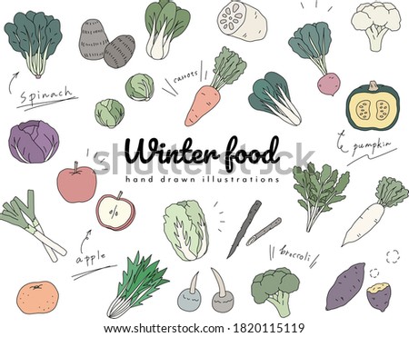 A set of simple hand-drawn illustrations of winter food