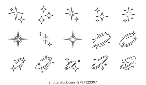 A set of simple, hand-drawn line art icons representing sparkles, stars, and bursts, perfect for adding a touch of magic or emphasis.