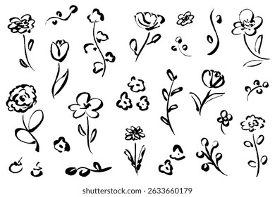 A set of simple hand-drawn line drawings of flowers with a brush stroke. The color is black. A set of illustrations of various flowers, leaves and fruits.