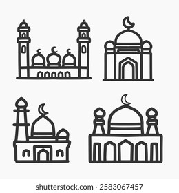 Set of Simple Hand-Drawn Mosque Line Art. Minimalist Islamic Architecture Illustrations for Digital Designs. Elegant Sketch Style for Ramadan, Eid, and Islamic Art Projects