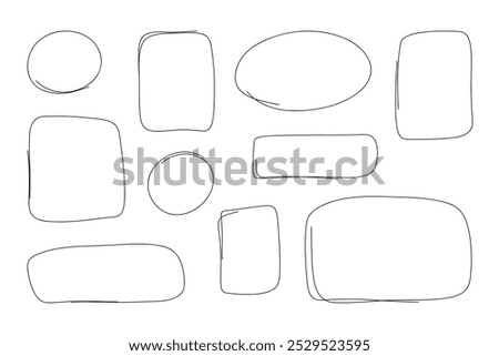 A set of simple hand-drawn sketch shapes, outline frames with a black marker, pen on a white background, vector. A collection of empty circles, ovals, rectangles for design with text, highlighting