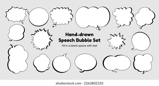 Set of simple, hand-drawn speech bubbles or balloons, including dialogue, comic text, and word balloons. Vector illustrations.