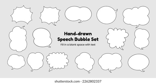 Set of simple, hand-drawn speech bubbles or balloons, including dialogue, comic text, and word balloons. Vector illustrations.