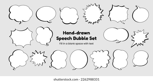 Set of simple, hand-drawn speech bubbles or balloons, including dialogue, comic text, and word balloons. Vector illustrations.