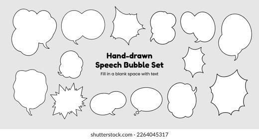 Set of simple, hand-drawn speech bubbles or balloons, including dialogue, comic text, and word balloons. Vector illustrations.