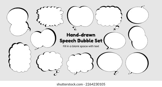 Set of simple, hand-drawn speech bubbles or balloons, including dialogue, comic text, and word balloons. Vector illustrations.