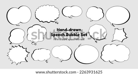 Set of simple, hand-drawn speech bubbles or balloons, including dialogue, comic text, and word balloons. Vector illustrations.