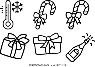 A set of simple, hand-drawn vector icons perfect for Christmas and New Year's designs, featuring candy canes, gifts, champagne, and a snowflake. Ideal for festive decorations.