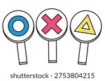 A set of simple handheld panels in the shapes of circles, crosses, and triangles.