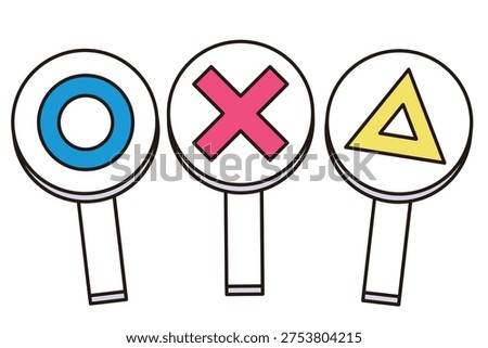 A set of simple handheld panels in the shapes of circles, crosses, and triangles.