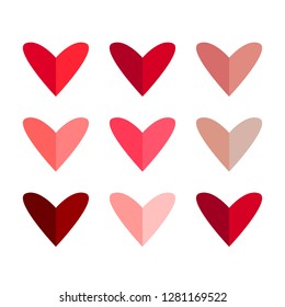 Set of simple heart icons of various pink red colors. Two halves double colors design. Love and marriage symbol. Elements for wedding and valentine’s day design. Isolated on white background