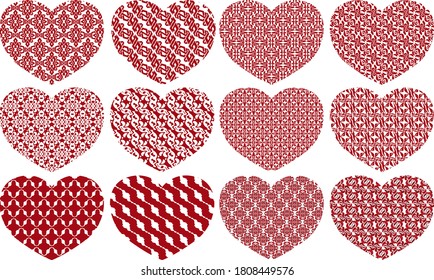 Set of Simple Heart Vector Design in Red with Pattern Theme