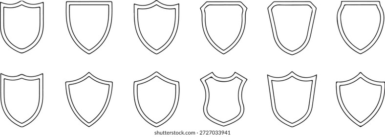 Satz von einfachen heraldischen Schild-Umrisssymbolen mit dünnen schwarzen Strichen