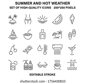 A set of simple but high-quality icons about summer and hot weather. Vector illustration with editable stroke.