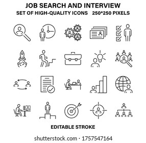 A set of simple but high-quality icons about job search and interview. Vector illustration with editable stroke.