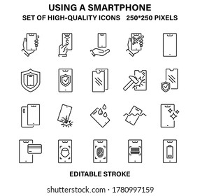 A set of simple but high-quality icons about using your smartphone. Vector illustration with editable stroke.