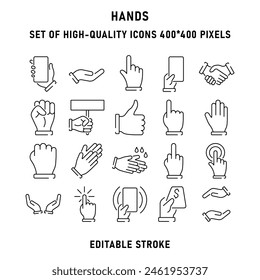 Un conjunto de iconos simples pero de alta calidad para el diseño. El conjunto incluye iconos de una mano humana en diferentes situaciones. Ilustración vectorial con trazo editable.