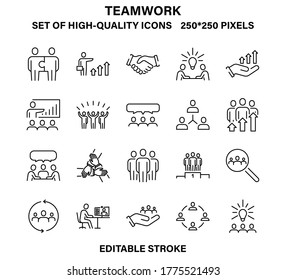 A set of simple but high-quality icons on the topic of teamwork. Vector illustration with editable stroke.