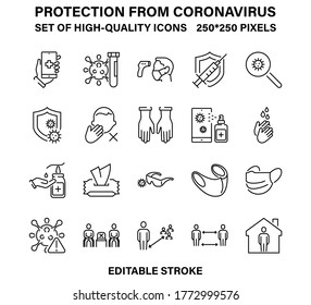 Eine Reihe von einfachen, aber hochwertigen Symbolen zur Vorbeugung von Coronavirus und anderen Infektionen. Vektorgrafik mit bearbeitbarem Strich.