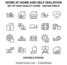 A set of simple but high-quality linear icons for working from home and self-isolation. Vector illustration with editable stroke.