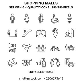 A set of simple, high-quality linear icons for shopping malls, stations, airports and other public places. Vector illustration with editable stroke.