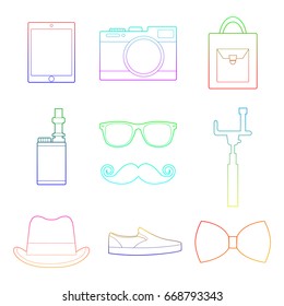 Set of simple hipster accessory color line art  icons on white background vector illustration