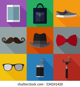 Set of simple hipster accessory  flat icons on color squares vector illustration
