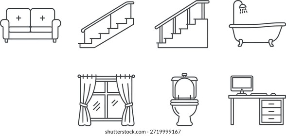 Conjunto de iconos simples del interior del hogar que incluyen muebles y accesorios