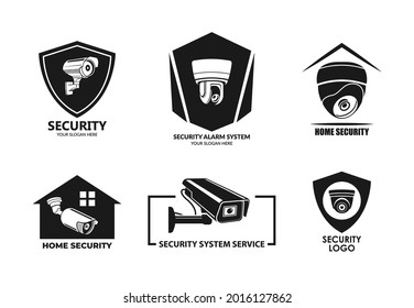 Set of simple home security alarm system service logo vector flat illustration. Collection monochrome simple emblem with electronic video recording camera web protection observation isolated on white