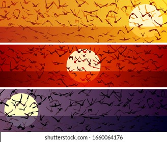 Set of simple horizontal banners with a flock of birds at sunset over the sea surface.