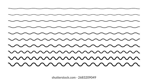 A set of simple horizontal wavy lines underlining, highlighting, isolated on a white sign of water, sine, wave, vector. Abstract graphic element, black silhouette for design, decoration, border