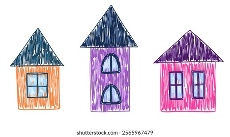 Set of simple house drawing with crayon pencil