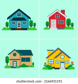 set simple house exterior vector illustration, flat design, with plants isolated on white background, full color