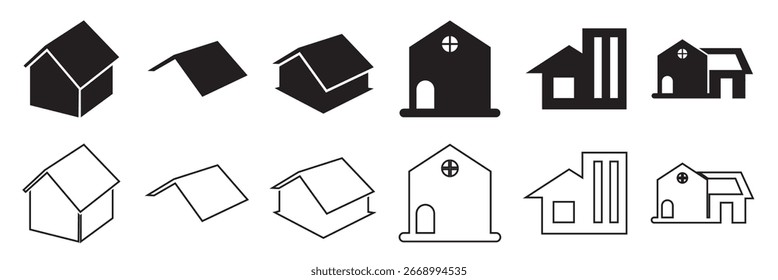 Conjunto de íconos de casa simples en Colección negra de varios íconos de casa mínimos en estilos sólidos y de contorno, mostrados sobre un fondo blanco para uso de diseño e ilustración.

