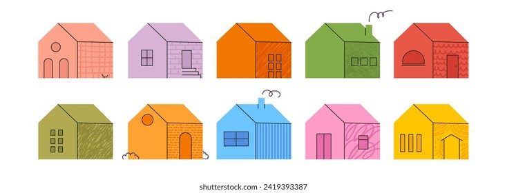 Set of simple house icons in bright color with simple black doodle lines. Contemporary trendy illustration with textures. Vector kit of children's pictures. 