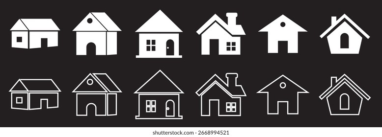 Set of simple house icons in  white.  Collection of various minimal house icons in solid and outline styles, displayed on a black background for design and illustration use.
