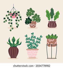 conjunto de ilustraciones simples de plantas domésticas en diseño plano, plantilla de recolección de plantas domésticas vector
