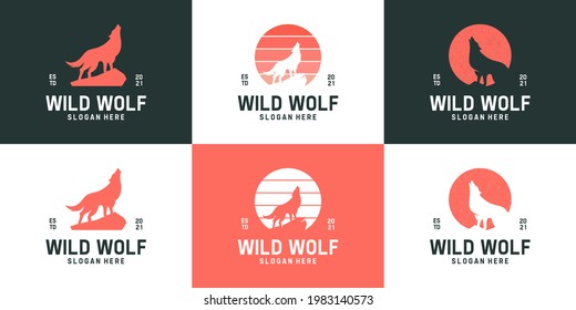 Set of simple howling wolf logo collection. Creative silhouette wild animals logo template.