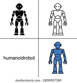 Set of simple humanoid robots. Iconographic representations of robots, androids, artificial beings, and mechanical workers.