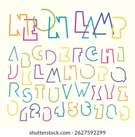 A set of simple, humorous, geometric, outline, colored fonts with a festive and party theme. Like neon lights. Latin alphabet letters and numbers. No AI used.