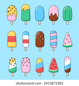 Conjunto de simples ilustraciones de helados, eskimo, palas. Verano, postre, lindos dibujos de dibujos animados vectoriales. 