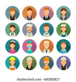 Establecer icono simple personaje cocinero, constructor, negocios y personas médicas. Ilustración plana de Vector con sombra en círculo de color