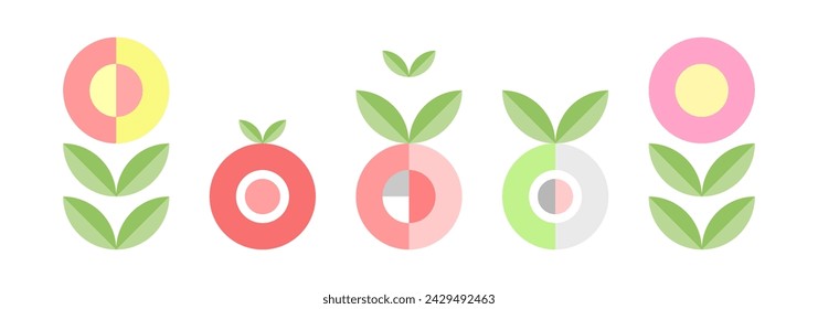 set of simple icon. fruits, fresh green leaves, organic vegetables and spring flowers. white background. vector illustration. bauhaus concept.
