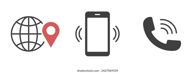 set of simple icon. globe, website, telephone, mobile phone, contact and map pin. white background. vector illustration.