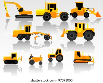 Set of simple icon of road engineering transportation: tractors, bulldozers, excavators and grader.