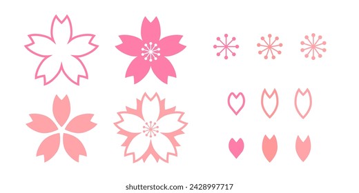 set of simple icon. sakura, cherry blossom, pink petals, and spring flower styles. white background. vector illustration.