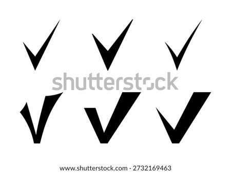 A set of simple icon symbols, a check mark, a black silhouette isolated on a white background, a graphic element, a check mark, a vector. Icon collection marked, completed, correct, approved