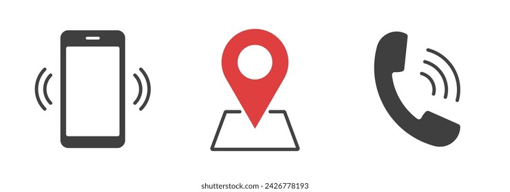 set of simple icon. telephone call, mobile phone, contact, location and map pin. white background. vector illustration.