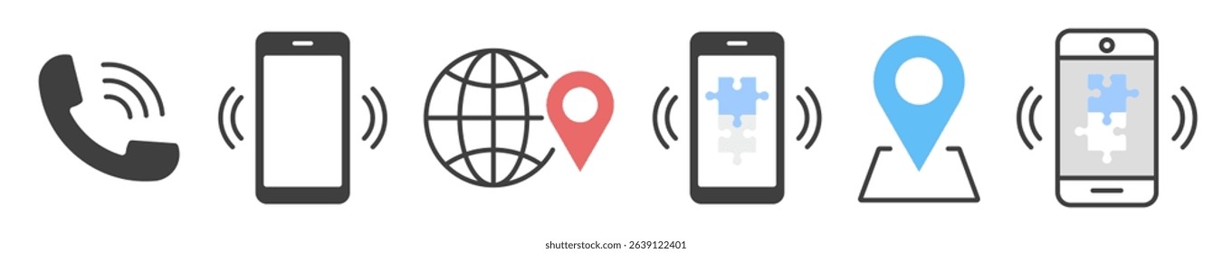 set of simple icon. telephone call, mobile phone, contact, location and map pin. puzzle pieces. vector illustration.