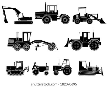 Set simple icon of tractors, bulldozers, excavators and grader in monochrome tone.